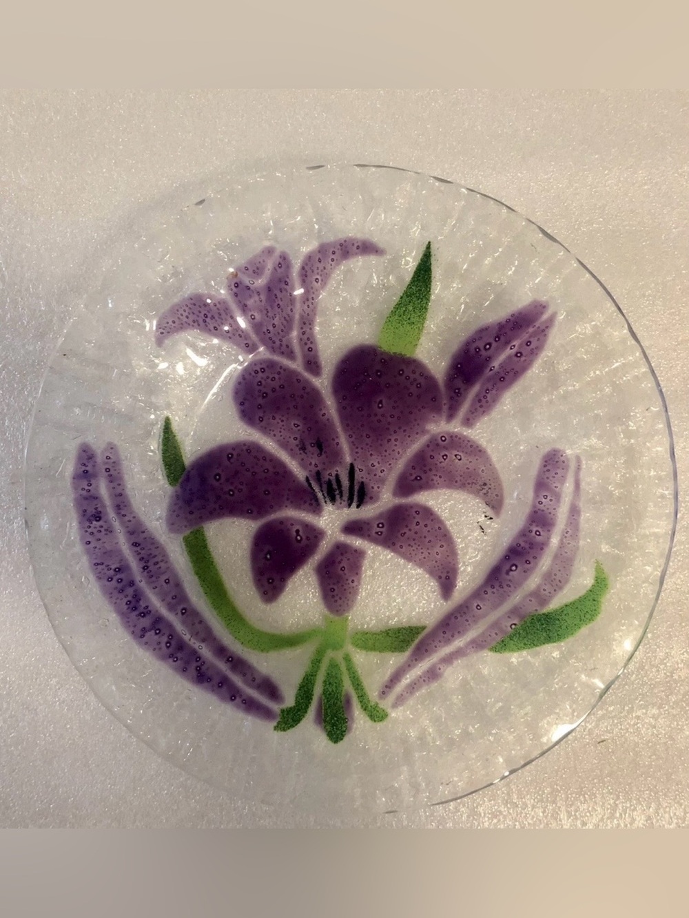 Sydenstricker  Handcrafted Purple Floral Glass Plate Art Floral Signed.